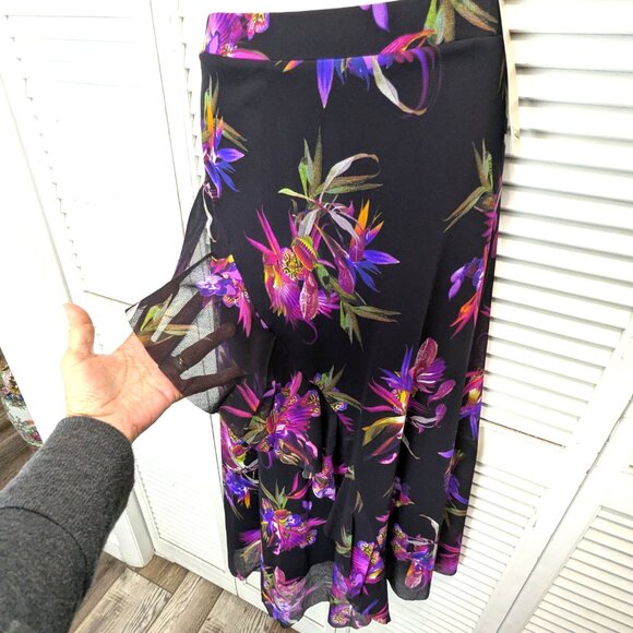 FUZZI Italy Black Floral Mesh Skirt NWT Small Pink Bird Paradise Ruffle Maxi - Picture 3 of 16